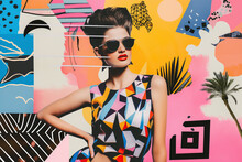 Abstract Pop Art Collage Of A Beautiful Woman On Colorful Paper Background, Female Fashion Model, Young Beautiful Social Media Trendy Style Wearing Sunglasses