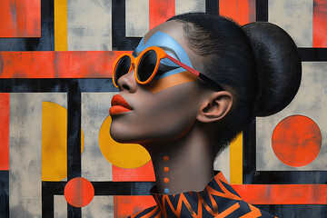 Abstract pop art collage of a beautiful woman on colorful paper background, female fashion model, young beautiful social media trendy style wearing sunglasses