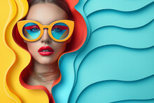 Retro Pop Art Collage Of A Beautiful Woman On Colorful Paper Background, Female Fashion Model, Abstract Young Beautiful Social Media Trendy Style Wearing Sunglasses
