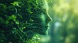 A concept blending green technology and nature, featuring a human-like figure intertwined with plants and cables, Ai Generated.