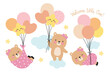 Baby girl shower vector illustration. Cute baby girl bear holding balloons and floating on the cloud.