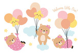 Fototapeta Dinusie - Baby girl shower vector illustration. Cute baby girl bear holding balloons and floating on the cloud.