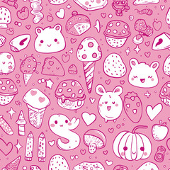 Sticker - Seamless Pattern Pink Characters