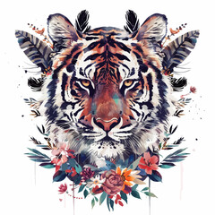 Canvas Print - Illustration of Tiger Head Logo with Flowers Ornament