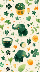 Elephant Green pattern with plant and rice