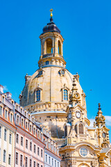 Wall Mural - Dresden, Germany. Church of our Lady with bell tower dome at Neumarkt square in historical downtown of Dresden at sunny summer day with blue gradient sky