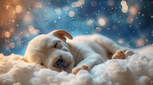 A Serene Image Of A Sleeping Puppy Nestled Among Fluffy Clouds, With A Twinkling Starry Sky In The Background.