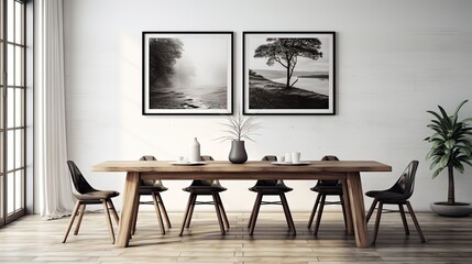 Canvas Print - Cozy Dining Room Ambiance with Rustic Wooden Table and Chairs Set for Family Gatherings