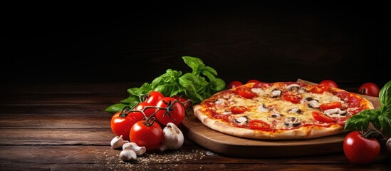 Canvas Print - Delicious Homemade Pizza with Fresh Tomatoes, Mushrooms, and Basil on Rustic Wooden Table