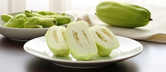 Poster - Vibrant Plate of Fresh Green Vegetables Arranged on Wooden Table