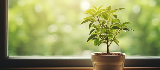 Wall Mural - Green Plant Thriving in Sunlit Room on Urban Windowsill with a View of Cityscape