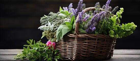 Poster - Organic Fresh Herbs in Rustic Basket - Aromatic Scent of Natural Cooking Ingredients