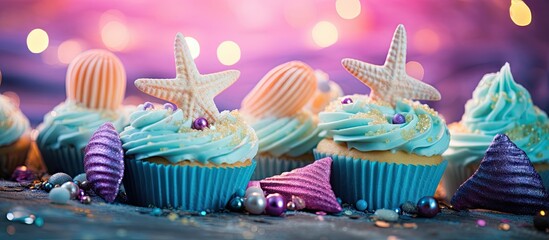 Canvas Print - Delicious Cupcakes Adorned with Starfish and Seashells for Beach-Themed Party