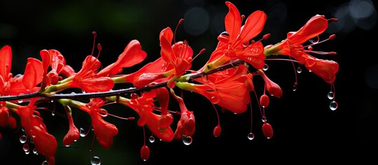 Poster - Vibrant Red Blossom Adorned with Glistening Water Drops in Fresh Morning Light