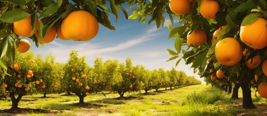 Wall Mural - Sunlit Orange Orchard: Rows of Lush Trees Laden with Ripe Citrus Fruits