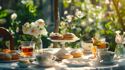 An outdoor tea setting featuring a selection of pastries, tea, and flowers on a sunlit table, invoking a serene summer morning.