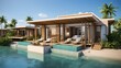 oceanfront resort bungalow building illustration paradise relaxation, vacation spa, pool cabana oceanfront resort bungalow building