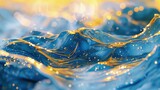 Fototapeta Łazienka - Blękitno-żółta fala o złocistym odcieniu na tle jasnego nieba lub oceanu. Fala tworzy harmonijne wzorce, przypominające ruchome linie.