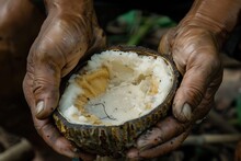 Hands Holding A Halved Cocoa Pod, Revealing White Pulp And Seeds Inside.