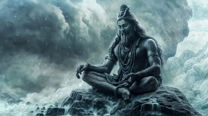 lord shiva sitting on a rock in the clouds, illustration