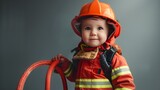 Fototapeta Tulipany - Toddler Playing Hero: A Cute Firefighter Posing in Uniform with Mini Firehose