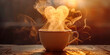 © Valeriia - Valentines day share love yourself concept. Steaming cup mug with steam in shape of a heart. Romantic cozy morning in kitchen, motivation to wake up in the morning
