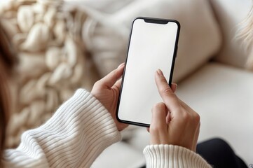 Woman using smartphone with blank screen, closeup. Mockup for design