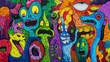 © Artur Lipiński - Obraz przedstawia grupę kolorowych potworów w stylu komiksowym, witających wiosnę w świecie pełnym barw.