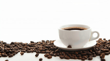 Wall Mural - A steaming mug of dark roast coffee sits beside scattered roasted coffee beans
