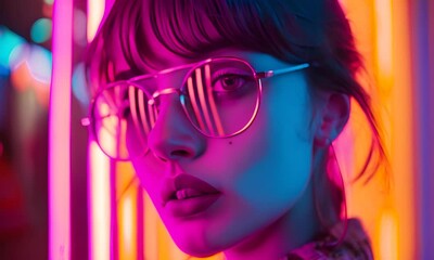 Wall Mural - Portrait of a young woman with colorful light reflection on her face, surrounded by neon lights. The concept of urban fashion and individuality.