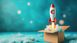Marvel at the whimsical sight of a rocket launching from a cardboard box against a blue background. AI generative technology enhances the imaginative concept.