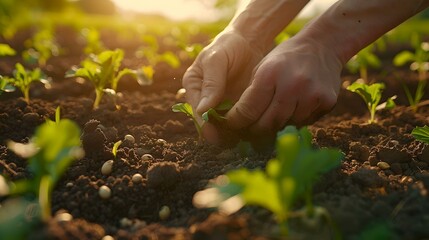 Poster - Close-up of hands planting seedlings in soil at sunset. sustainable agriculture, gardening activity, growth concept. earth day celebration. AI