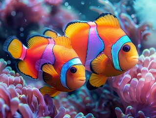 a pair of beautiful clownfish, corals, front on view, iridescent opalescent colours