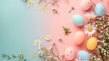 Colorful easter eggs with spring flowers on a pastel background. seasonal holiday concept with copy space. decorative and festive. AI