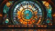 An expansive and ornate stained glass window casts a warm, colorful glow, showcasing intricate artistry and craftsmanship.