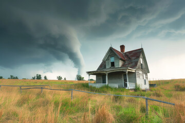 A house in a field with a tornado