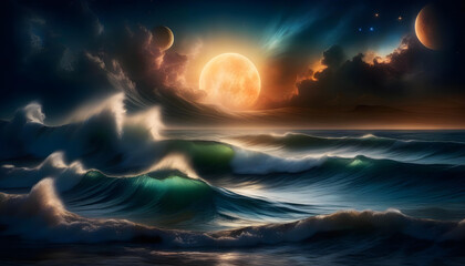 Wall Mural - a stormy sea at sunset with dark clouds and a blue moon rising in the sky