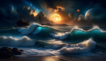 Wall Mural - A digital artwork of an apocalyptic sea with a blue moon rising above the horizon and a galaxy-filled sky