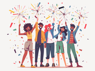 Wall Mural -  A group of friends set off colorful sparklers in the twilight laughter echoing as they celebrate the holiday together. 