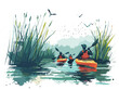  A group of kayakers paddle through a peaceful marsh observing diverse birdlife and the serene beauty of nature. 