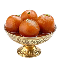 Wall Mural - front view of delicious-looking Gulab Jamun in a golden dessert bowl, food photography style isolated on a white transparent background 