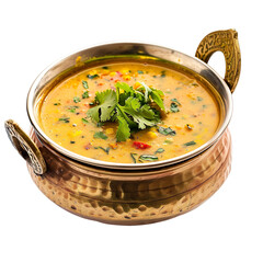 Wall Mural -  front view of flavorful Rajasthani Dal Baati in a vintage brass handi, food photography style isolated on a white transparent background 