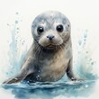 Whiskered seal pup, icy shore, watercolor blues, wide-eyed exploration, cute