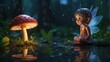 Mystical Rain in Enchanted Forest - Fairy with Glowing Wings Among Luminous Mushrooms with Copy Space