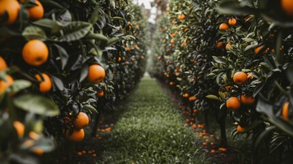 Sticker - An orange grove with oranges growing on the trees