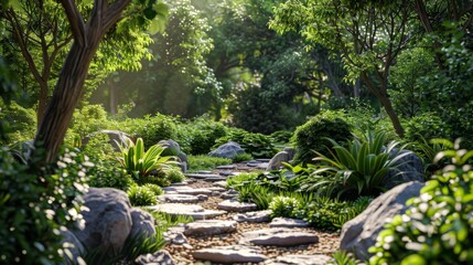 Canvas Print - A stone path in the middle of a lush green forest