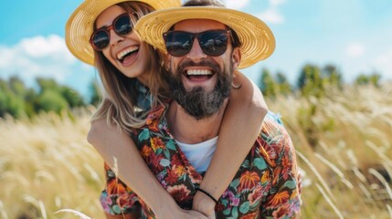 Wall Mural - A man carrying a woman on his back in a field