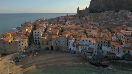 Wall Mural - old town of Cefalu at sunset, medieval village of Sicily island, Province of Palermo, Italy. Europe. Cathedral of Cefalu Italy