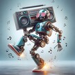 Dancing music robot loudspeaker with retro boombox on plain background