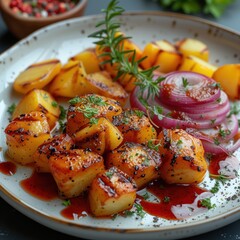 Wall Mural - cooked vegetarian food in a plate